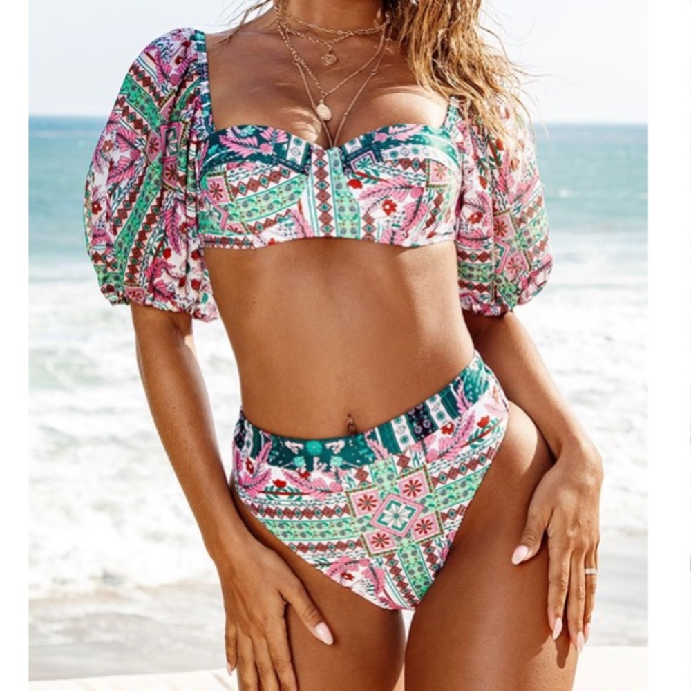 Green Mosaic Top/High Waisted Hi Leg Bikini Set